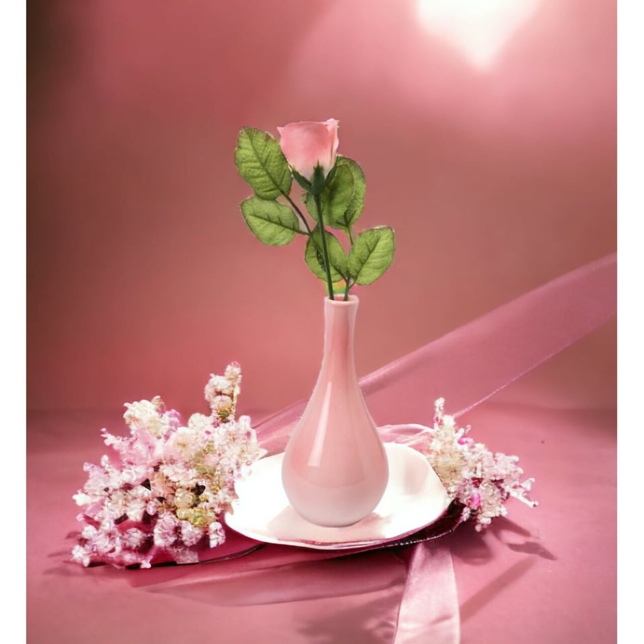 Ceramic Peace Rose Bud inside a Pink Vase, Valentines Decor, Wedding Décor, Gift